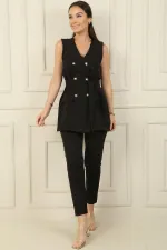 6-Button Vest with Faux Pockets and Belt, Elastic Waist Slim-Fit Trousers - 2-Piece Set