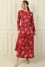 Beli Kuşaklı Gül Desenli Kol Uçları Büzgülü Gofre Uzun Elbise