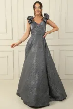 Düşük Volan Kol Drapeli Astarlı Simli Uzun Elbise