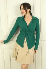 Kadın Polo V Yaka Düğüm Detaylı Likralı Bluz