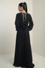 Women's Front and Back Stone Detailed Lined Wide-Leg Chiffon Jumpsuit