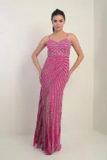 Kadın İp Askılı Flok Taş Baskılı Astarlı Tül Uzun Elbise