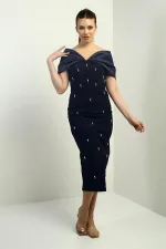 Kadın Tafta Madonna Yaka Önü İnci Detaylı Astarlı Abiye Elbise