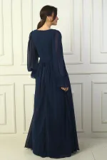 Kadın V Yaka Beli Tokalı Astarlı Şifon Uzun Abiye Elbise