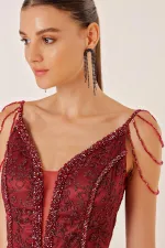 İnce Askılı Boncuk Detaylı Arkası Bağlamalı Astarlı Çiçek Sim Flok Baskılı Uzun Elbise