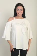 Women's One-Shoulder Blouse with Bow and Rhinestone Print, Lycra