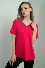 Kadın Yakası Simli V Yaka Kısa Kol Bluz