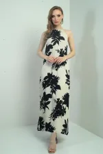 Kadın Halter Yaka Bağlamalı Çiçek Desenli Cepli Uzun Elbise