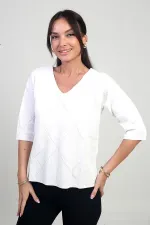 Kadın V Yaka Baklava Desenli Yarım Kol Simli Bluz