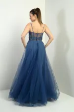 Kadın İp Askılı astarlı Göğüs Pliseli Boncuk İşlemeli Uzun Prenses Elbise