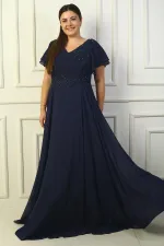 Robe longue en mousseline de soie grande taille pour femme, col en V, drapée, brodée de perles, doublée