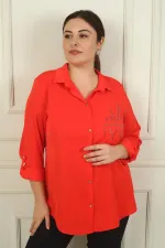 Women's Plus Size Crepe Satin Shirt with Folded Sleeves and Stone Details