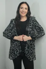 Ensemble deux pièces pour femme : veste en mousseline à motifs abstraits avec détails de sequins sur le devant et les manches, chemisier en lycra à manches longues, grandes tailles.