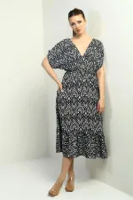 Women's Front and Back V-Neck Batwing Sleeve Pocketed Ethnic Pattern Ruffled Dress