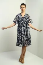 Women's Wrap Neckline Belted Lined Geometric Pattern Chiffon Dress