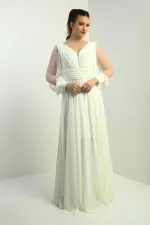 Ön Arka V Yaka Önü Drapeli Kolları Tül Astarlı Geniş Beden Aralıklı Uzun Şifon Elbise