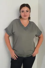 Women's Plus Size Blouse with Glitter Mesh Detail on Collar and Cuffs
