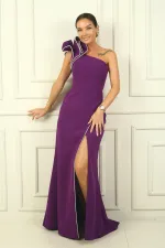 Tek Marul Omuzlu Astarlı Parlak Taş Detaylı Krep Balık Abiye Elbise