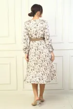 Women's Wrap Neckline Belted Lined Pleated Floral Satin Dress