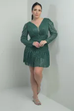 Women's Front and Back V-Neck Lined Draped Long Sleeved Plus Size Sequin Dress