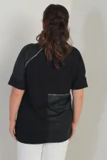 Kadın Deri Garnili Sim Detaylı Likralı Büyük Beden Bluz