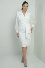Women's Wrap-Neck Dress with Chiffon Sleeves, Beaded Waist Detail, Self-Interfacing, Half-Lined, Plus Size.