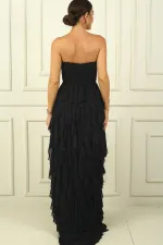 Straplez Önü Taş Detaylı Drapeli Astarlı Yanı Yırtmaçlı Volanlı Uzun Tül Elbise