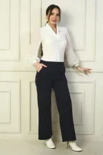 Women's Wide-Leg Steel Trousers with Elastic Waist, Side Pockets, and Trim