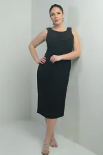 Cowl Neck Stone Detailed Lined Plus Size Crepe Midi Dress