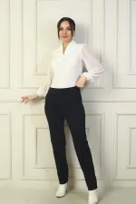 Kadın Beli Lastikli Yandan Cepli Çımalı Full Likra Çelik Klasik Paça Pantolon