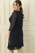 Plus Size Crepe Dress with Chiffon Pleats on Sleeves and Hem and Stone Embellishments