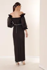 Square Neck, Organza Sleeves, Front Slit, Belted Waist Long Dress