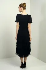 Kadın Kruvaze Yaka Arkası Fermuarlı Katkat Pileli Şifon Elbise