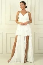 Kadın İp Askılı Yanları Yırtmaçlı Astarlı Volanlı Şifon Uzun Elbise