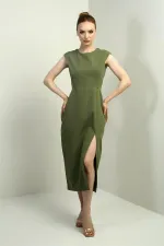 Kadın Kendinden Telalı Önü Yırtmaçlı Midi Elbise