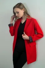 Kadın Şal Yaka Kol Ucu Leopar Desenli Likralı Uzun Ceket