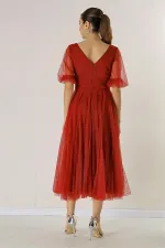 Front and Back V-Neck Short Balloon Sleeved Lined Spider Pattern Glitter Dahlia Fabric Dress