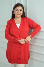 Kadın Kolları Düğme Detaylı Soğuk İplik Büyük Beden Uzun Hırka