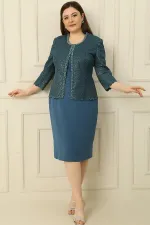 Robe en crêpe avec col et doublure ornés, veste à sequins, ensemble deux pièces grande taille