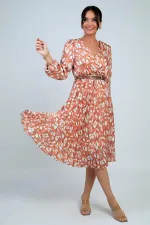 Women's Wrap Neckline Belted Lined Brush Pattern Pleated Midi Satin Dress