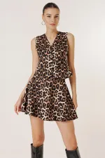Leopard Pattern Satin Vest with Buttoned Front and Pockets