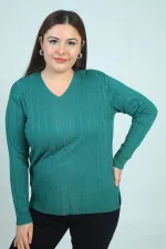 Women's V-Neck Front Stripe Stone Print Ribbed Plus Size Cold Yarn Knit Blouse