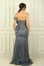 Kadın Düşük Tek Omuzlu Volanlı Astarlı Simli-Taşlı Uzun Abiye Elbise