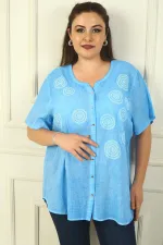 Daire Desenli Metal Düğmeli Yıkamalı Kısa Kol Büyük Beden Gömlek