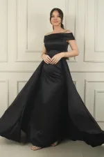 Kadın Madonna Yaka Önü Büzgülü Astarlı Pelerinli Saten Uzun Elbise