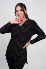 Kadın V Yaka Zikzak Desenli Geniş Beden Aralıklı Simli Bluz