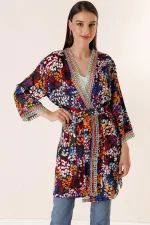 Karışık Desenli Saten Uzun Kimono Ceket