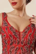 Ön Arka V Yaka Üstü Boncuklu Astarlı Uzun Tül Elbise