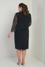 Kadın Kruvaze Yaka Beli Drapeli Elbise Kolları Tül Ceket Astarlı Pul Detaylı Büyük Beden 2'li Takım