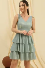 Ön Arka V Yaka Simli Katlı Elbise